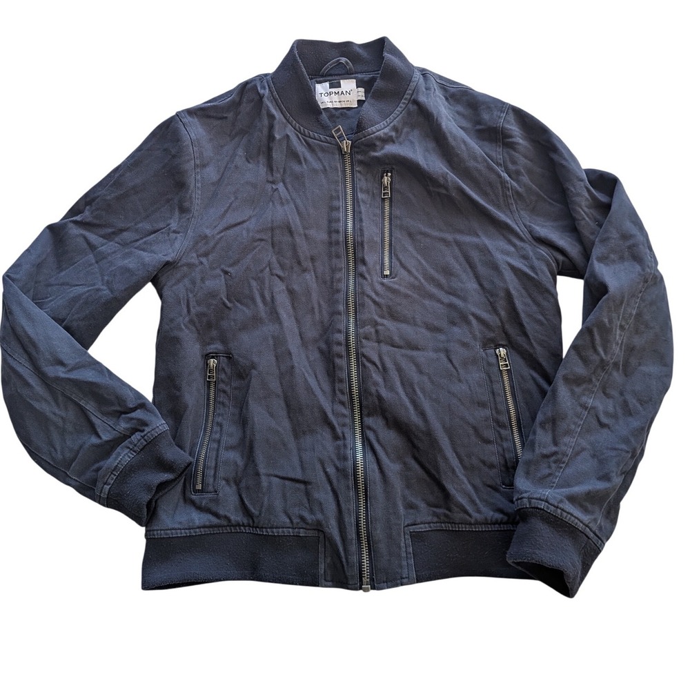 TOPMAN Navy Blue Cotton Twill Full Zip Bomber Jacket Mens Large Canvas Preppy